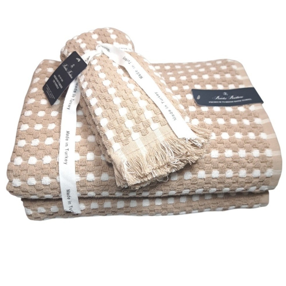 Brooks Brothers 4 Piece Set Premium Turkish TOWEL SET 2 Bath /2 Tip Tan &‎ White